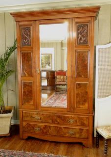 Antique English Victorian Mahogany Wardrobe Armoire Closet Mirror 