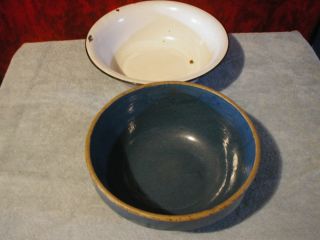Antique Blue Stoneware Pottery Crock Bowl Vtg Blk Wht Enamel Wash Pan 