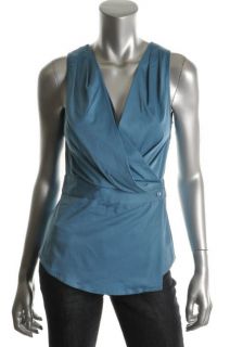 Anne Klein New Blue Poplin Pleated V Neck Sleeveless Wrap Top Shirt 8 