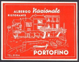 Albergo Nazionale Ristorante Portofino Spain Baggage Sticker CA 1930s 