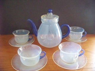 FRY FOVAL ART GLASS PEARL OPALESCENT RARE TEAPOT 4 CUPS 4 SAUCERS 