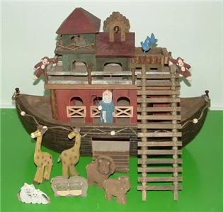 Large Folk Art Wooden Noahs Ark Boat SHIP with Animals Collectible 