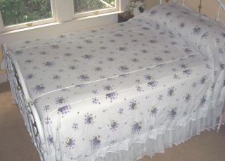 Vintage 40s Breezy Ruffled Cotton Cottage Bedspread Sweet Violets on 