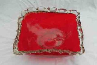 Victorian Murano English Ruby Red Swirl Optic Ruffled Edge Square Bowl 