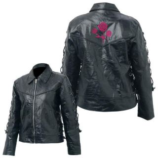 Ladies Black Buffalo Leather Motorcycle Biker Riding Jacket w Roses S 