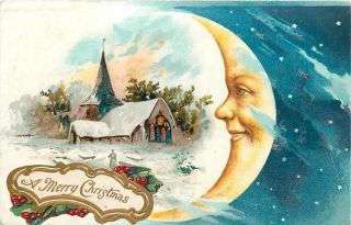 Christmas Fantasy Smiling Gentle Crescent Moon Space Stars Country 