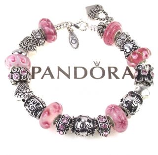 Authentic Pandora Bracelet Pink Murano Bead Live Love Laugh Joy Words 
