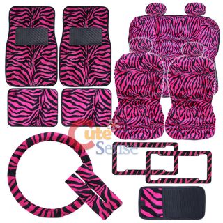   Pink Black Car Seat Covers Animal Print Plush Auto Accessories  18pc