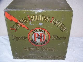 Vintage 1930s P D Ignition Car Repair Parts Metal Cabinet Gas Oil Sign 