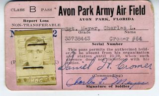 WWII Photo Pass Avon Park Army Air Field Florida