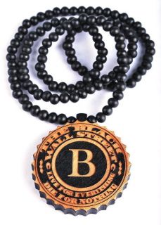1str Black Round Letter B WALL STREET Wood Pendant Beaded Necklace 