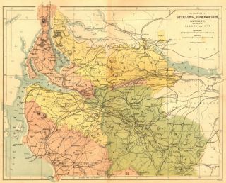 SCOTLAND Stirling, Dumbarton, Renfrew, Ayr Virtue, 1860 map