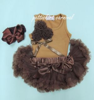 Newborn Baby Brown Pettiskirt Bunch Rosettes Top Bow Headband 3pc 