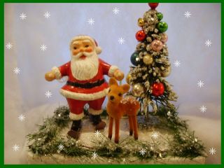 Vintage Santa Bottle Brush Tree & Baby Deer Handpainted Christmas 
