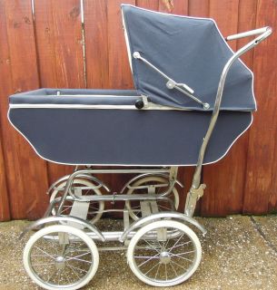 Antique Vintage Baby Stroller Carriage Pram Chrome Fenders Navy Blue 