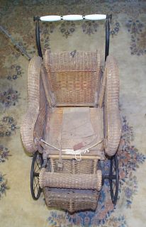 Antique Wicker Victorian Baby Carriage w Parasol