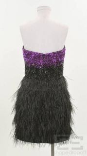 Badgley Mischka Collection Black Purple Beaded Feather Strapless Dress 