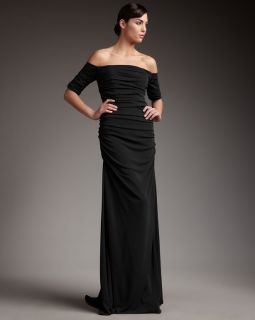 BADGLEY MISCHKA COLLECTION OFF SHOULDER RUCHED JERSEY FORMAL GOWN 