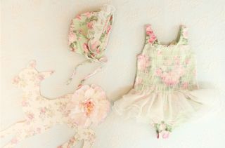 Vintage Inspired Hand Made Baby Girl One Piece Swimsuit Floral Pattern 