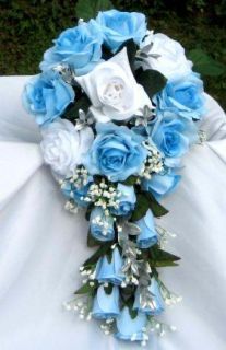 Baby Blue and White Brides Cascading Wedding Bouquet