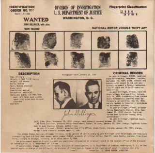 Original 1934 John Dillinger FBI Most Wanted Poster No Res 3 Days 