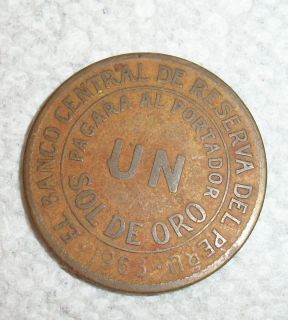 Peru El Banco Central De Reserva Del Peru 1963 Un Sol De Oro Coin NR 