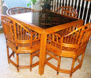   RATTAN ASIAN DINING TABLE CHAIRS SEPARATE SET BAMBOO WOOD SMOKED GLASS