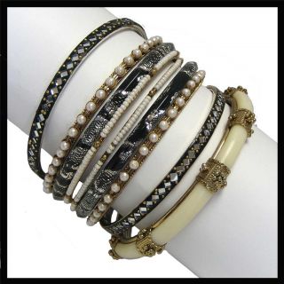 Nine fabulous metal bangle bracelets ~ Ivory and Black 8 