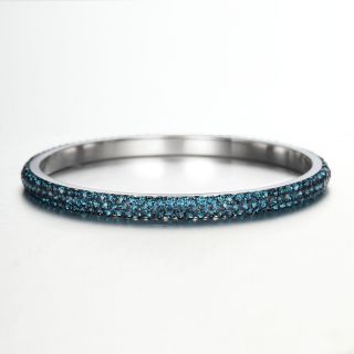 Rows Dark Blue Rhinestones Stainless Steel Bangle Bracelet