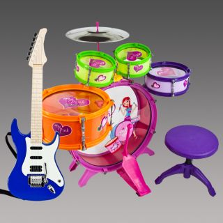   Toy Drum Playset & Blue Guitar Musical Instrument Educational Band Kit