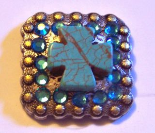 Barrel Racing Turquoise Cross Concho with Teal Blue Crystals Bling 