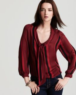 Tucker New Red Silk Striped Long Sleeve Tie Front V Neck Blouse Top M 