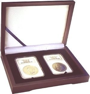 Wood Display Box for 2 Certified Coin Slabs From PCGS or NGC, Mahogany 