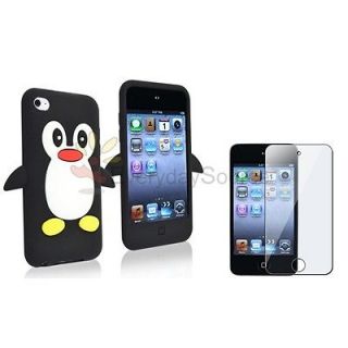 Penguin Black Silicone Gel Cover Case+Clear Guard For iPod touch 4 G 