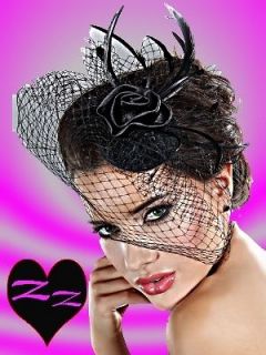 Fascinator Mini Hat Black with Feathers,Rose & Shaped Veil, Wedding 