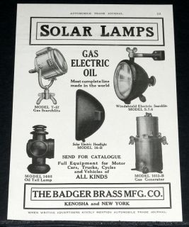 1917 OLD MAGAZINE PRINT AD, BADGER BRASS, SOLAR CAR LAMPS, GAS 
