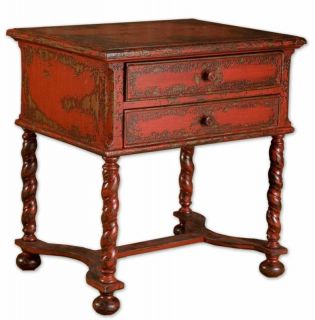 mango wood distressed red drawer carved legs end table time
