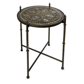 LARGE MEDALLION METAL GLASS TOP ROUND TABLE HOME DECOR OLD WORLD 