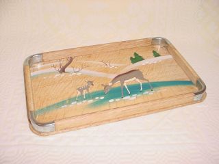 Vintage Wood Wooden Serving Decorative Tray with Hand Painted Deer 