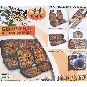 11pc BROWN LEOPARD Seat Cover INTERIOR SET Steering Wheel Cover Set 