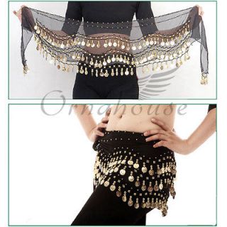 Hot Wavy Belly Dance Hip Skirt Scarf Wrap Belt Chiffon with Gold Coins 