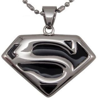 Mens Big Silver Black Superman Hero Stainless Steel Pendant + Chain 