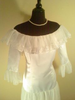 Vintage Off The Shoulder White Wedding Gown Satin and Embroidered Net
