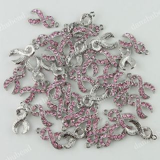 PINK CRYSTAL ALLOY RIBBON BREAST CANCER AWARENESS CHARM PENDANT BEADS 