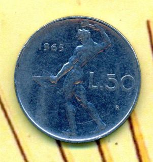 1965 L.50 R Lire Republica Italia, Italy, Italian, coin, old currency