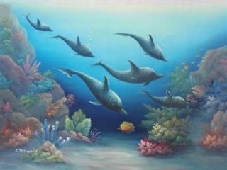Newly listed 24 x 36 Oil Painting Art Dolphins Dive Coral Reef Dolphin 