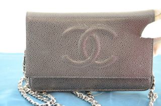 CHANEL 2011 BLACK CAVIAR LEATHER DOUBLE CC WALLET ON CHAIN WOC 