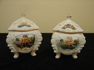 capodimonte ornate footed covered bowls cherubs 