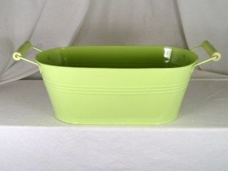 LONG GREEN OVAL ENAMEL HERB / PLANT TROUGH OR BUCKET WITH WOOD HANDLES
