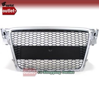 Front RS4 Style Silver Frame Black Mesh Badgeless Grille for Audi 09 